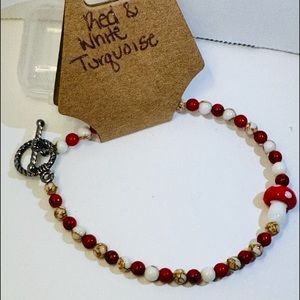 Handmade Red and white turquoise mushroom bracelet!